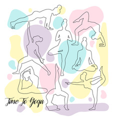 A set of silhouettes of yoga poses with trending geomeric forms in the style of minimalism. Linear fashion illustration for sports and fitness. Healthy lifestyle fitness activities pictures.