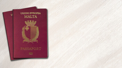 Malta passport on a wooden background, space for texts - obrazy, fototapety, plakaty