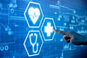 A hand presses healthcare concept on a futuristic display