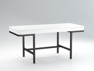 Table with white top and black metal legs for work and study with closed pull-out shelves. 3D modeling and rendering of a computer minimalist table on a gray background. 3D rendering