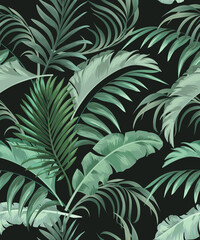 Jungle vector pattern with tropical leaves.Trendy summer print. Exotic seamless background.