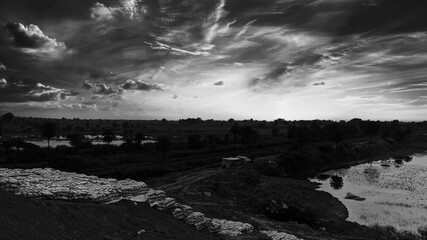 a black and white picture a sunset near pond