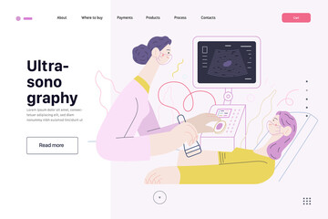 Medical tests illustration - ultrasound - modern flat vector concept digital illustration of ultrasonography procedure -doctor examing patient pregnant woman with scanner, medical office or laboratory