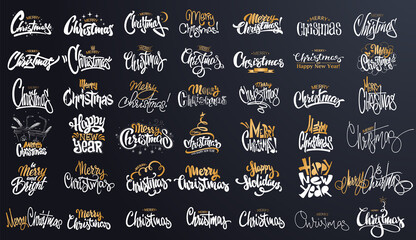 Merry Christmas Gold Lettering Design Set Vector Illustration