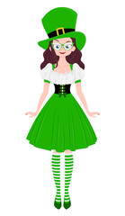 Young woman wearing green hat and irish national dress. Saint Patricks Day illustration