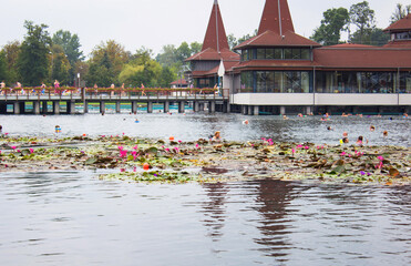 Heviz Thermal Lake Resort in Hungary, where people swimming in hot balneal thermal bath . It is the...