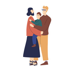 Happy homosexual transgender relationships. Cute gay couple with kid hugging. Lgbt family with child and transgender. Flat vector illustration in cartoon style. Isolated on white.