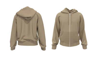 Blank hooded sweatshirt  mockup with zipper in front and back views, isolated on white  background, 3d rendering, 3d illustration © Febriana