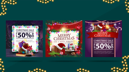 Collection of Christmas web elements. Christmas discount banner and Christmas greeting card with piles of presents