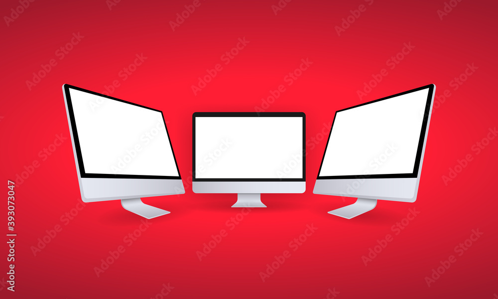 Poster realistic computer monitor in front and side view. metal desktop mockup with white screen. template 