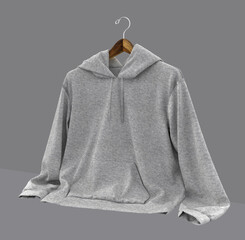 Blank hooded sweatshirt  mockup with zipper in front view, isolated on grey background, 3d rendering, 3d illustration