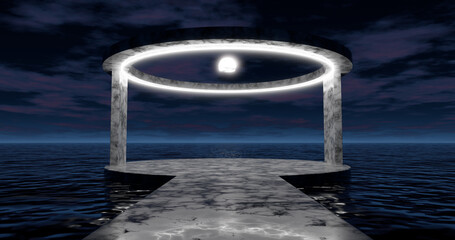 Obraz na płótnie Canvas 3d rendering. A round arch with a marble stone alley illuminated by bright neon light is located on the water surface of the ocean in the night sky with clouds.