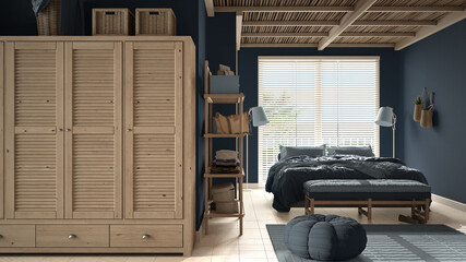 Cosy wooden peaceful bedroom in blue tones, double bed with pillows and blankets, ceramic tiles floor, carpet, pouf, shelves, big vintage wardrobe and window, modern interior design