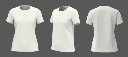 Women's crewneck t-shirt mockup, front, side and back views, design presentation for print, 3d illustration, 3d rendering