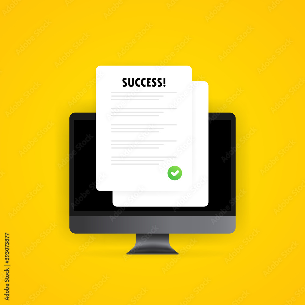 Poster survey checklist form or complete task list on computer illustration. successful result. questionnai