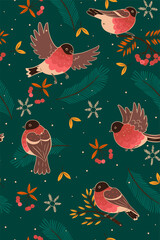 Seamless pattern in winter mood with bullfinches. Vector graphics.