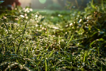 Morning dew drop fall on the small green grass leaf close-up shot in the morning time.