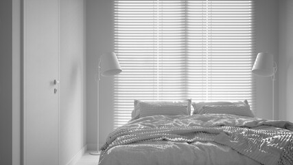 Total white project, cosy peaceful bedroom, double bed, pillows and blankets close-up, ceramic tiles floor, floor lamps, big window with venetian blinds, modern interior design