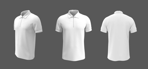 Blank collared shirt mockup, front, side and back views, tee design presentation for print, 3d rendering, 3d illustration