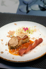 Delicious grilled foie gras on the table