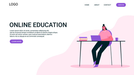 Remote work or online education concept. Woman working at home office, looking at computer screen and talking with colleagues online. Home office. Flat vector illustration. Landing page.