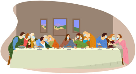 Last supper. Il Cenacolo. Ultima cena. Colour drawing, illustration based on Leonardo da Vinci fresco.