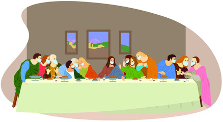 Last supper. Il Cenacolo. Ultima cena. Colour drawing, vector illustration based on Leonardo da Vinci fresco.