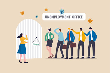 Unemployment, jobless or lay off due to COVID-19 Coronavirus pandemic causing economic crisis concept, jobless people wearing mask in long queue line in front of unemployment office, virus pathogen.