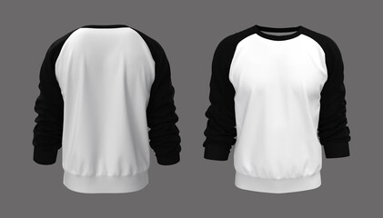 Blank raglan sweatshirt mock up template in front, and back views, isolated on gray, 3d rendering, 3d illustration