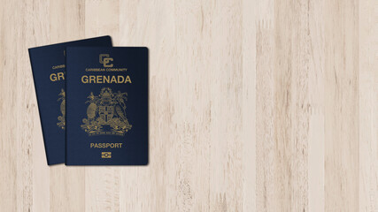 Grenada passport on a wooden background, space for texts - obrazy, fototapety, plakaty