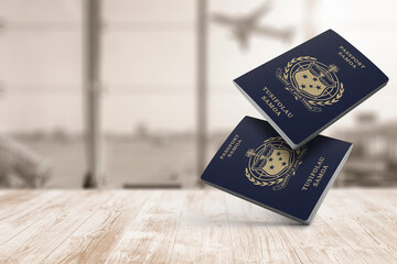 Two samoa passports are floating in the air, on a wood table, airport waiting room