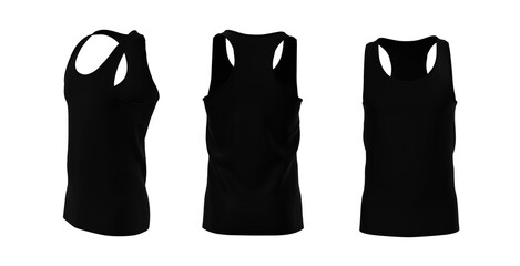 Blank  sleeveless t-shirt mockup in front and back views, design presentation for print, 3d illustration, 3d rendering;