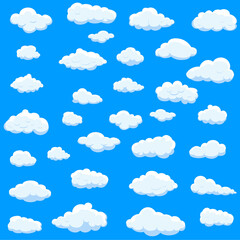 White cartoon clouds set isolated on blue background. Collection of different cartoon clouds for background template, wallpaper and sky design. Cartoon clouds vector. Sky illustration