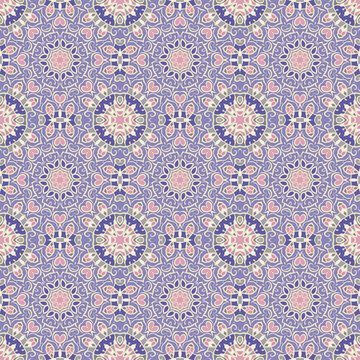 Trendy bright color seamless mandala pattern in violet pink white for decoration, paper, tiles, textiles, carpet, pillows. Home decor, interior design, cloth design.