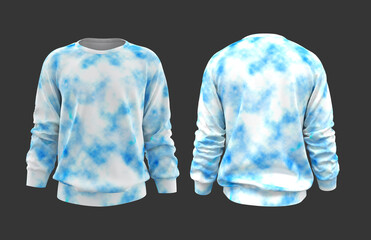 Tie dye sweatshirt mock up template in front, and back views, isolated on gray, 3d rendering, 3d illustration