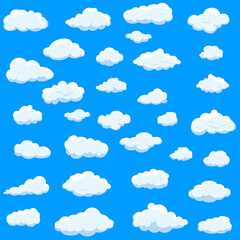 White cartoon clouds set isolated on blue background. Collection of different cartoon clouds for background template, wallpaper and sky design. Cartoon clouds vector. Sky illustration