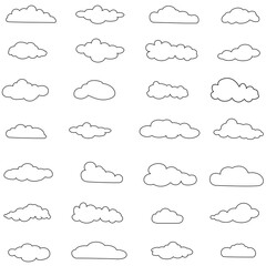 Outline cloud icons set isolated on white background. Collection of different black clouds. Cartoon contour icons for web site, background template, wallpaper and sky design. Clouds thin line vector