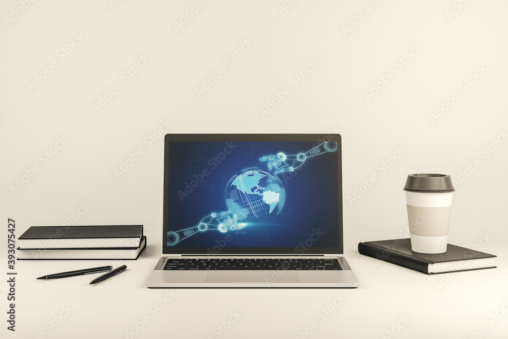 Poster creative abstract robotics technology hologram with globe on modern computer monitor, artificial int