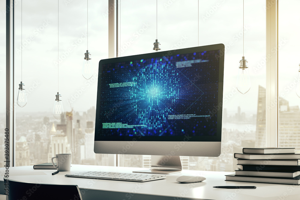 Poster Creative code skull hologram on modern computer monitor, cybercrime and hacking concept. 3D Rendering