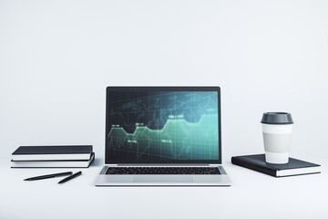 Fototapeta premium Modern computer monitor with abstract creative statistics data hologram, statistics and analytics concept. 3D Rendering