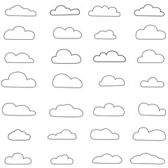 Outline cloud icons set isolated on white background. Collection of different black clouds. Cartoon contour icons for web site, background template, wallpaper and sky design. Clouds thin line vector