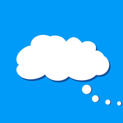 White think bubble isolated on blue background. Trendy flat think bubble in flat style. Modern template for social network and label. Creative thought balloon. Cloud flat design, vector illustration