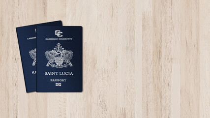 Saint Lucia passport on a wooden background, space for texts
