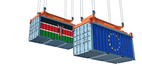 Freight containers with European Union and Kenya flag. 3D Rendering 