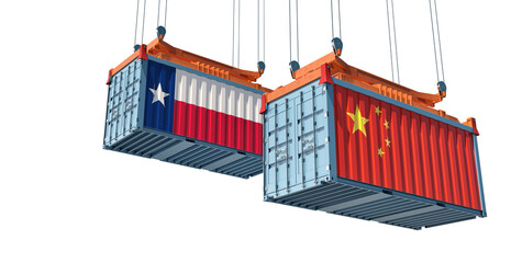 Freight containers with Texas and China flags. 3D Rendering 