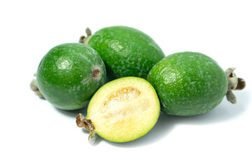 Feijoa fruits on white background. Tropical ripe feijoa fruits.