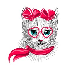 Illustration. Cute cat in pink glasses with bows and scarf. Sketch in a realistic style. Vector on an isolated background.