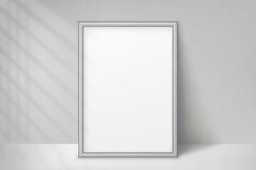 Mockup silver frame photo. Shadow on wall. Mock up artwork picture framed. Vertical boarder. Empty board a4 photoframe. Modern plastic 3d border for design prints poster, blank, painting image. Vector