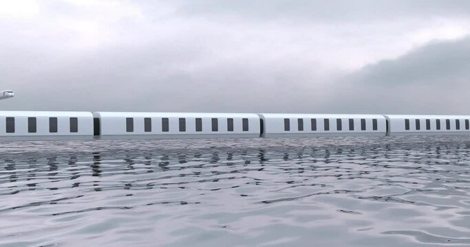 Futuristic train flies over the surface of the water on an air route. Flying transport of the future. Conceptual creative 3D animation.