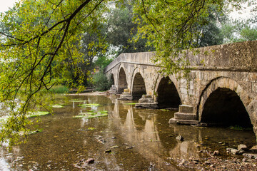 Fototapeta na wymiar Historic stone Roman bridge in Vrelo Bosne Park near Sarajevo. Bosnia and Herzegovina